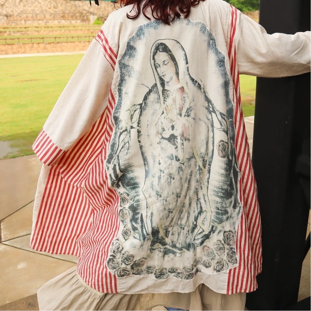 Blue Velvet Striped Duster Kimono with Virgin Mary Virgen de Guadalupe  Print